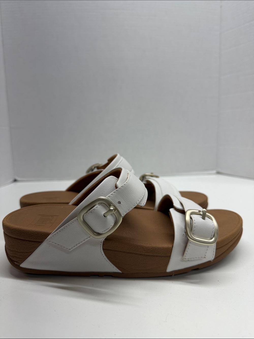 Fitflop Gen FF Buckle Tumbled Leather Sandals Slides Slip On Shoes White Size 7